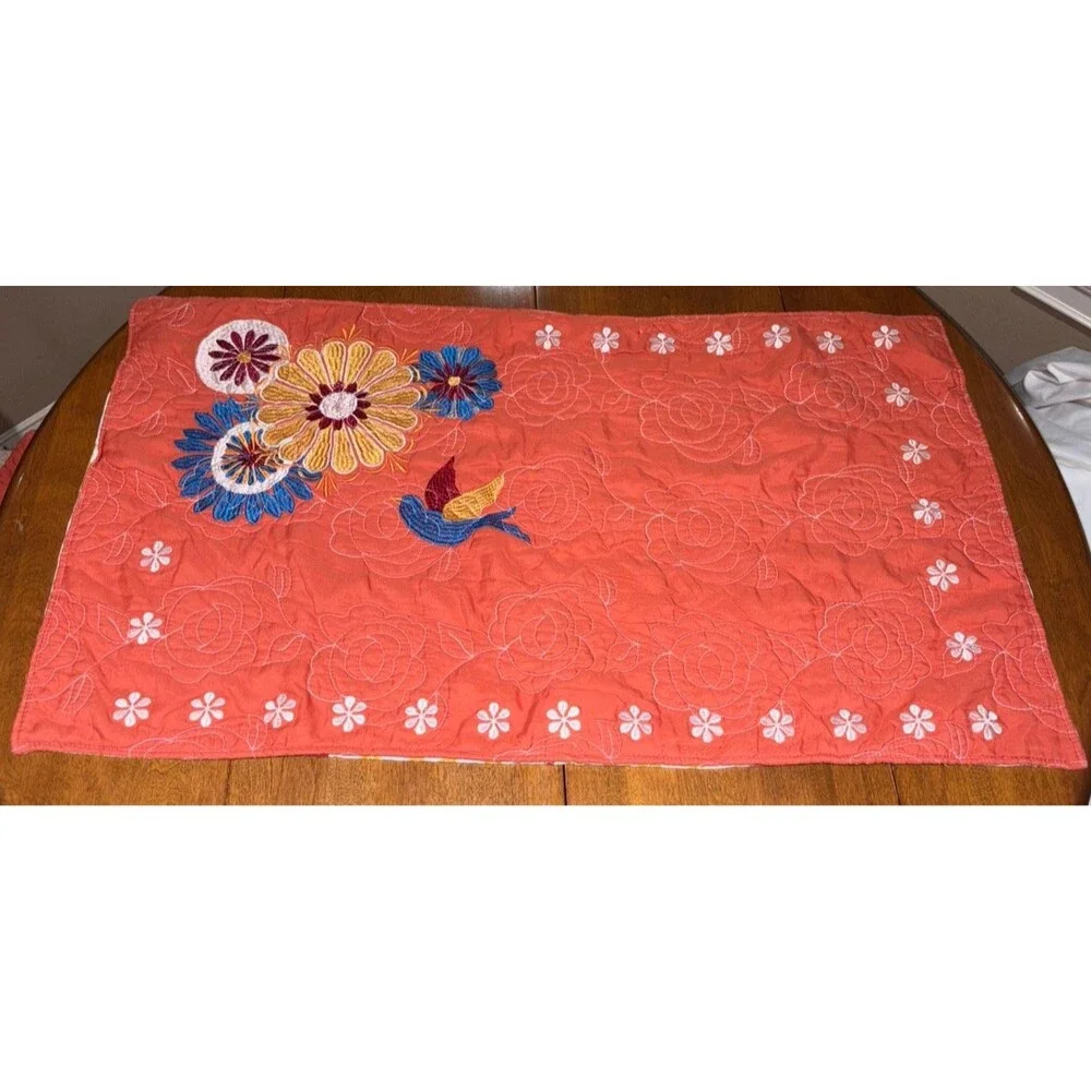2 Pillow Shams Embroidered Flowers Bird Orange 36 X 20”  Tie Back
